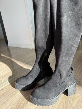 Black Suede Platform Knee-High Boots - Women's